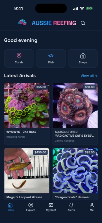 The app home screen, showing latest arrivals from Australian reef shops