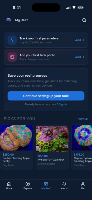 My Reef in the app, showing parameter tracking and tank photo prompts